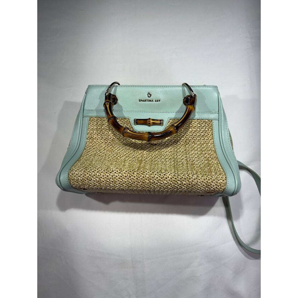 Spartina 449 Woven Straw Leather Satchel Aqua Blue Bamboo Handle Crossbody Bag